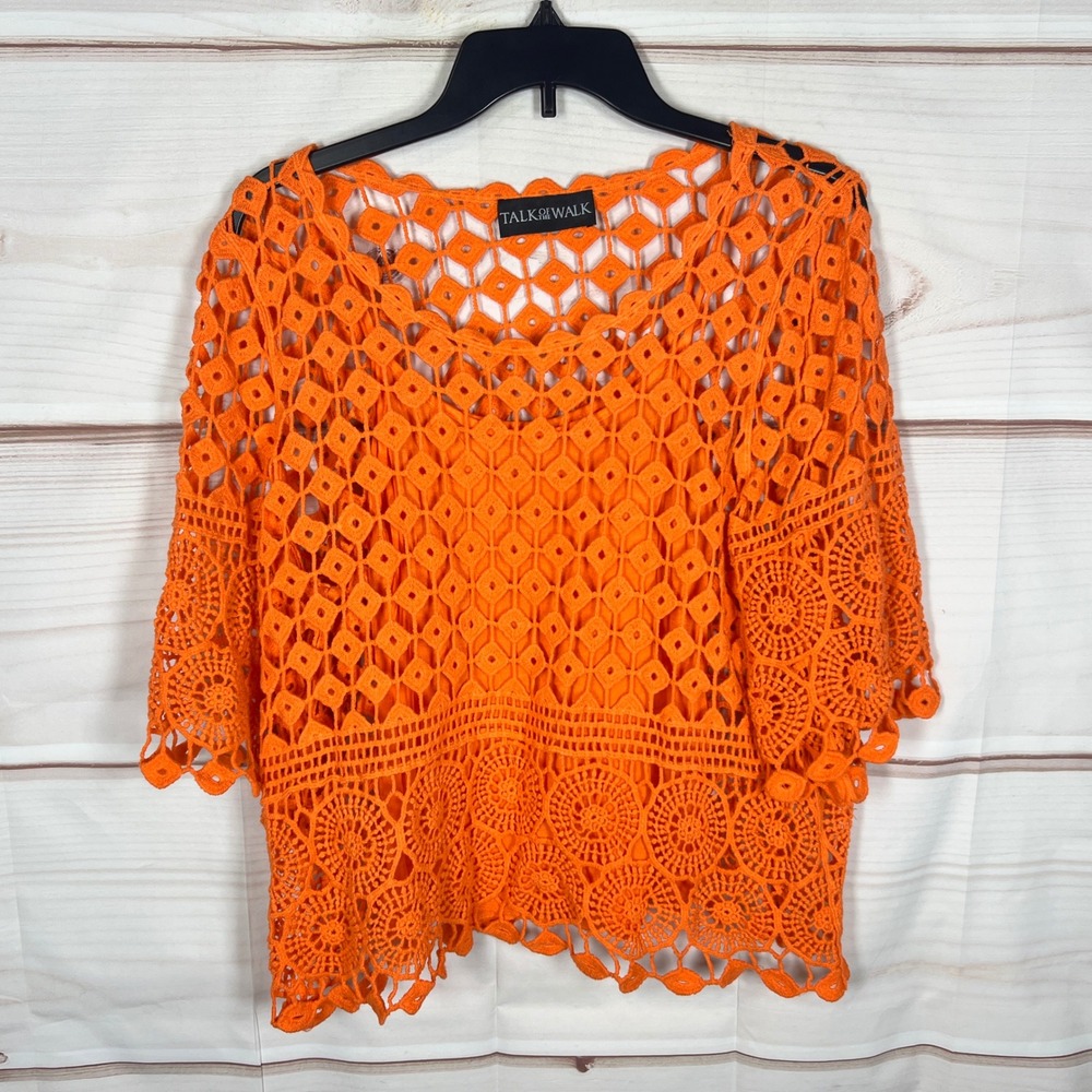 Talk Of The Walk Crochet Top Women OS Orange Solid Lace Boho Cotton Summer Beach